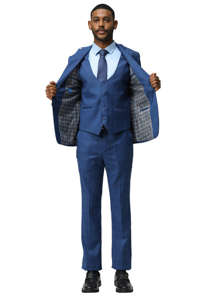 Men's Modern Fit Two Button Suit with Scoop Vest in Dark Blue Windowpane Plaid