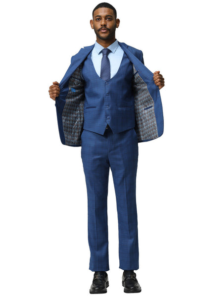 Men's Modern Fit Two Button Suit with Scoop Vest in Dark Blue Windowpane Plaid
