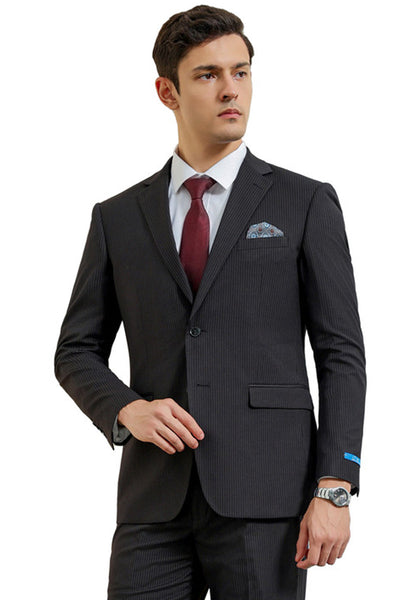 Men's Two Button Modern Fit Vested Business Suit in Black Pinstripe