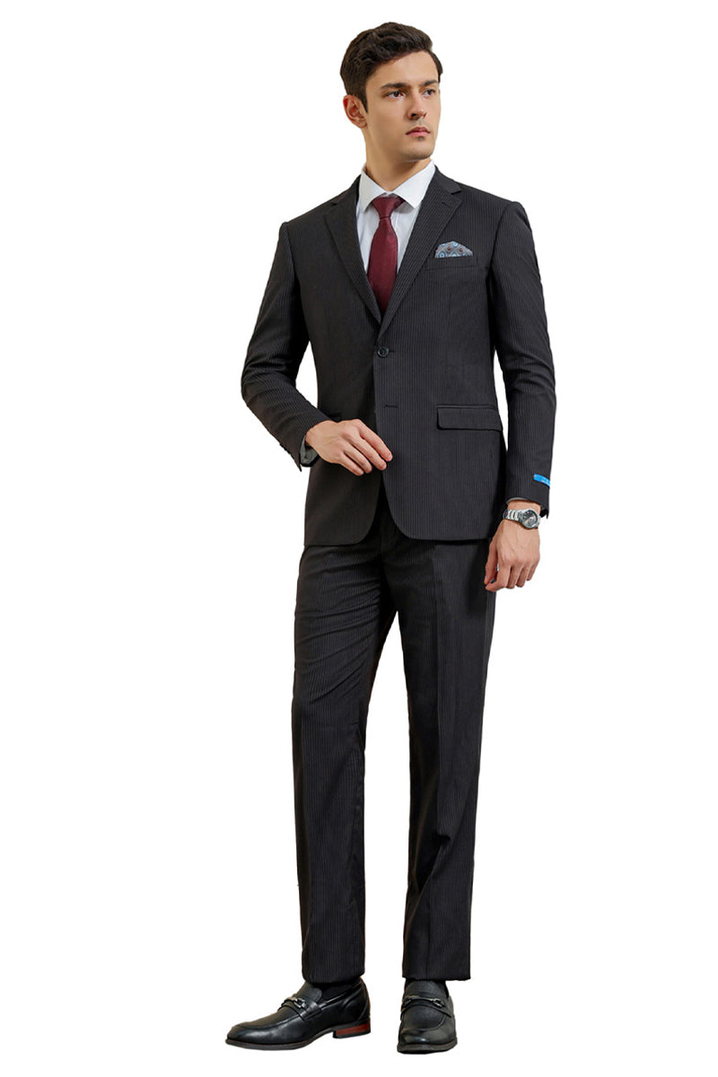Men's Two Button Modern Fit Vested Business Suit in Black Pinstripe