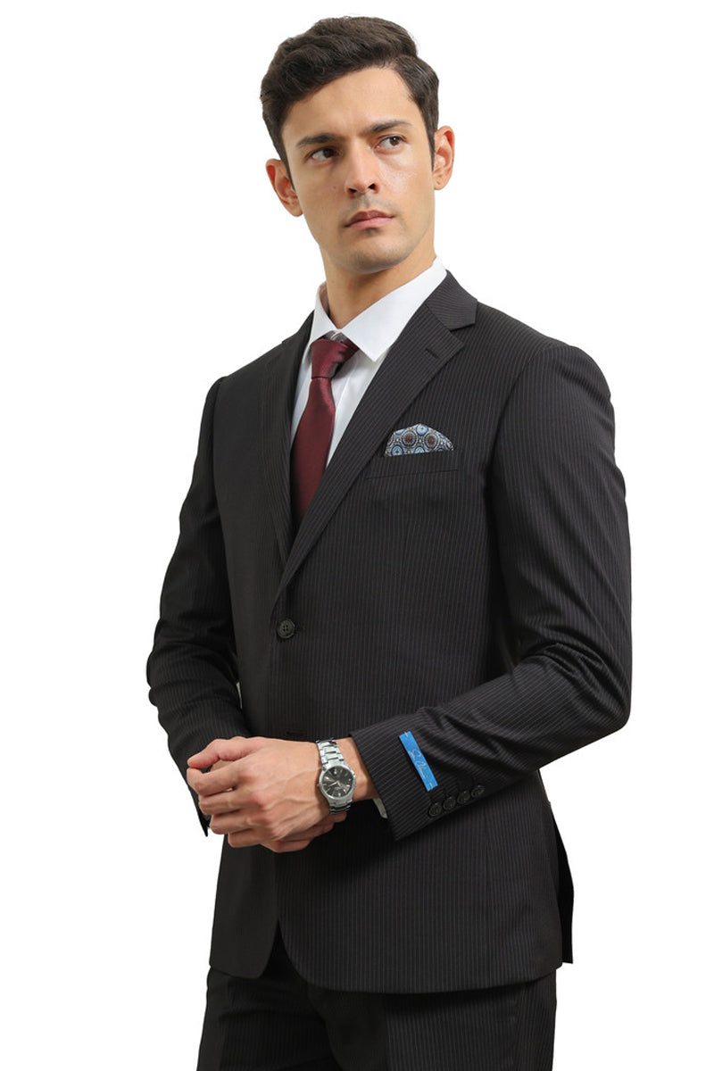 Men's Two Button Modern Fit Vested Business Suit in Black Pinstripe