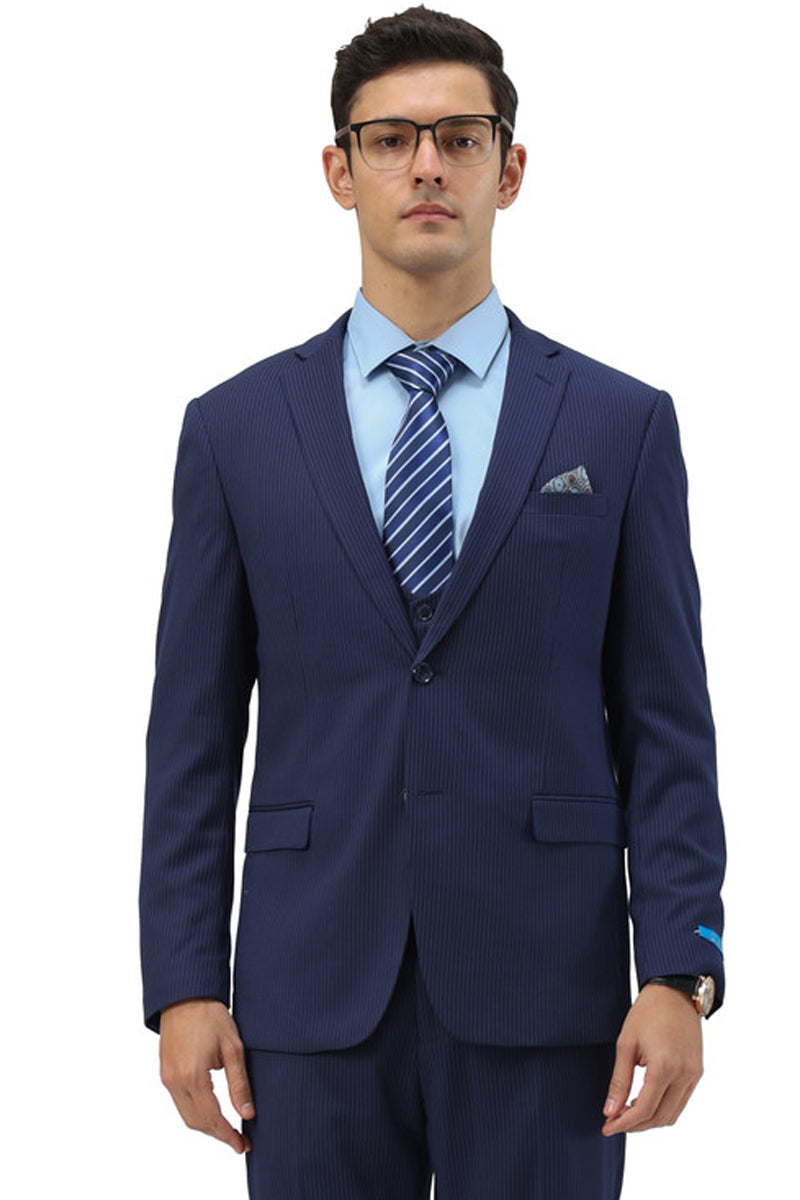 Men's Two Button Modern Fit Vested Business Suit in Blue Pinstripe