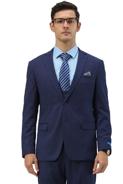 Men's Two Button Modern Fit Vested Business Suit in Blue Pinstripe