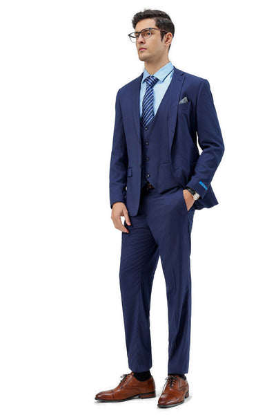 Men's Two Button Modern Fit Vested Business Suit in Blue Pinstripe