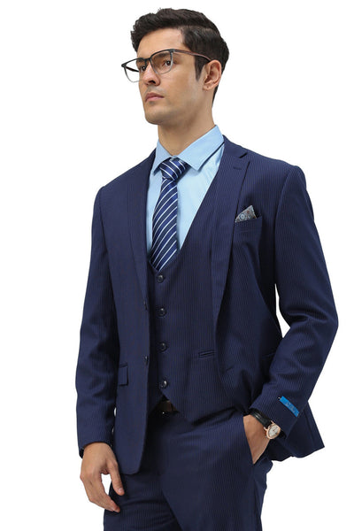 Men's Two Button Modern Fit Vested Business Suit in Blue Pinstripe