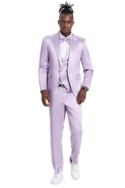 Men's One Button Vested Shiny Satin Sharkskin Prom & Wedding Party Suit in Lavender