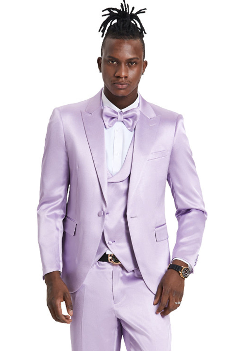 Men's One Button Vested Shiny Satin Sharkskin Prom & Wedding Party Suit in Lavender
