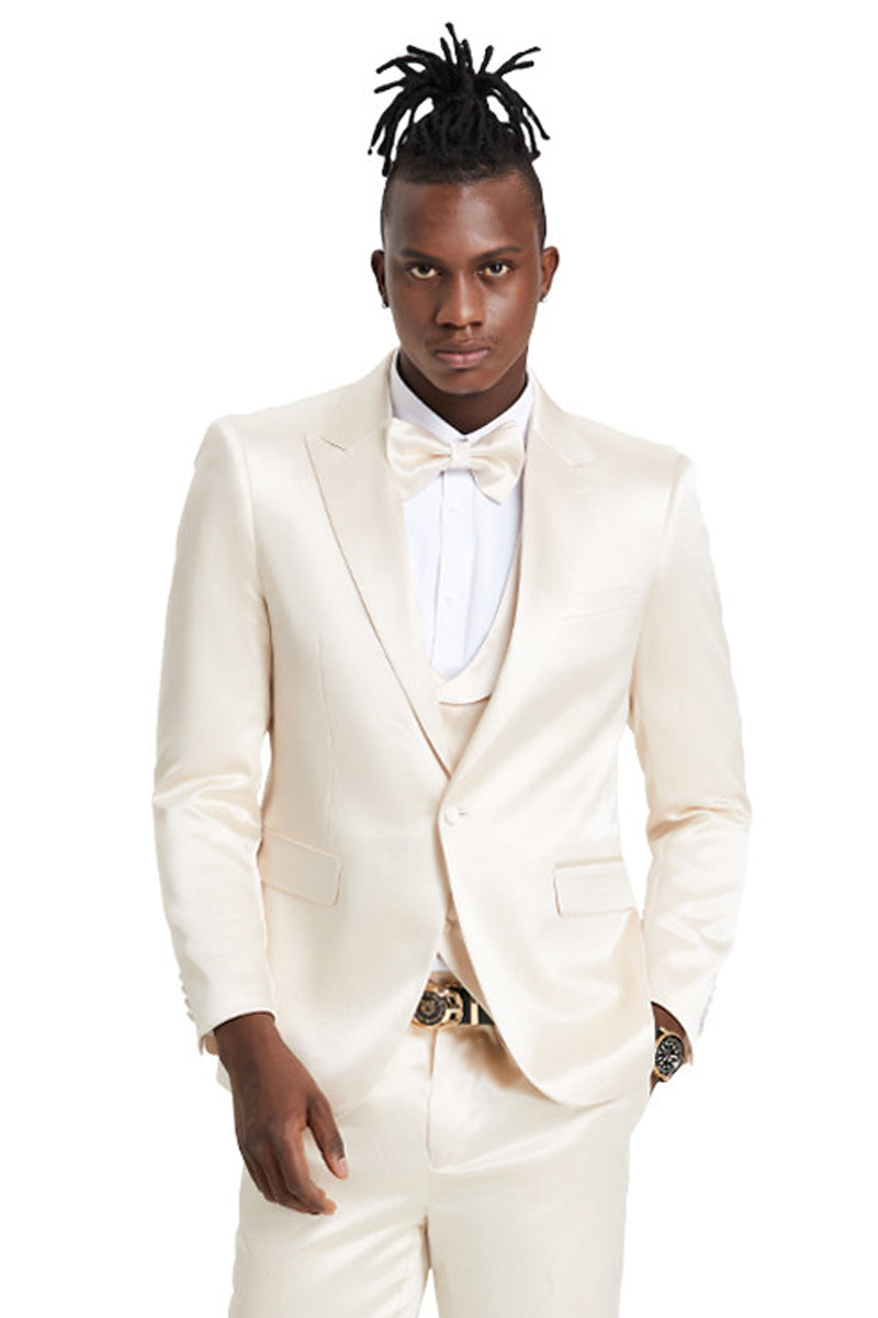Men's One Button Vested Shiny Satin Sharkskin Prom & Wedding Party Suit in Champagne, 42 Short / Champagne