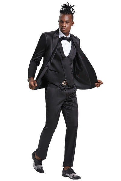 Men's One Button Vested Shiny Satin Sharkskin Prom & Wedding Party Suit in Black