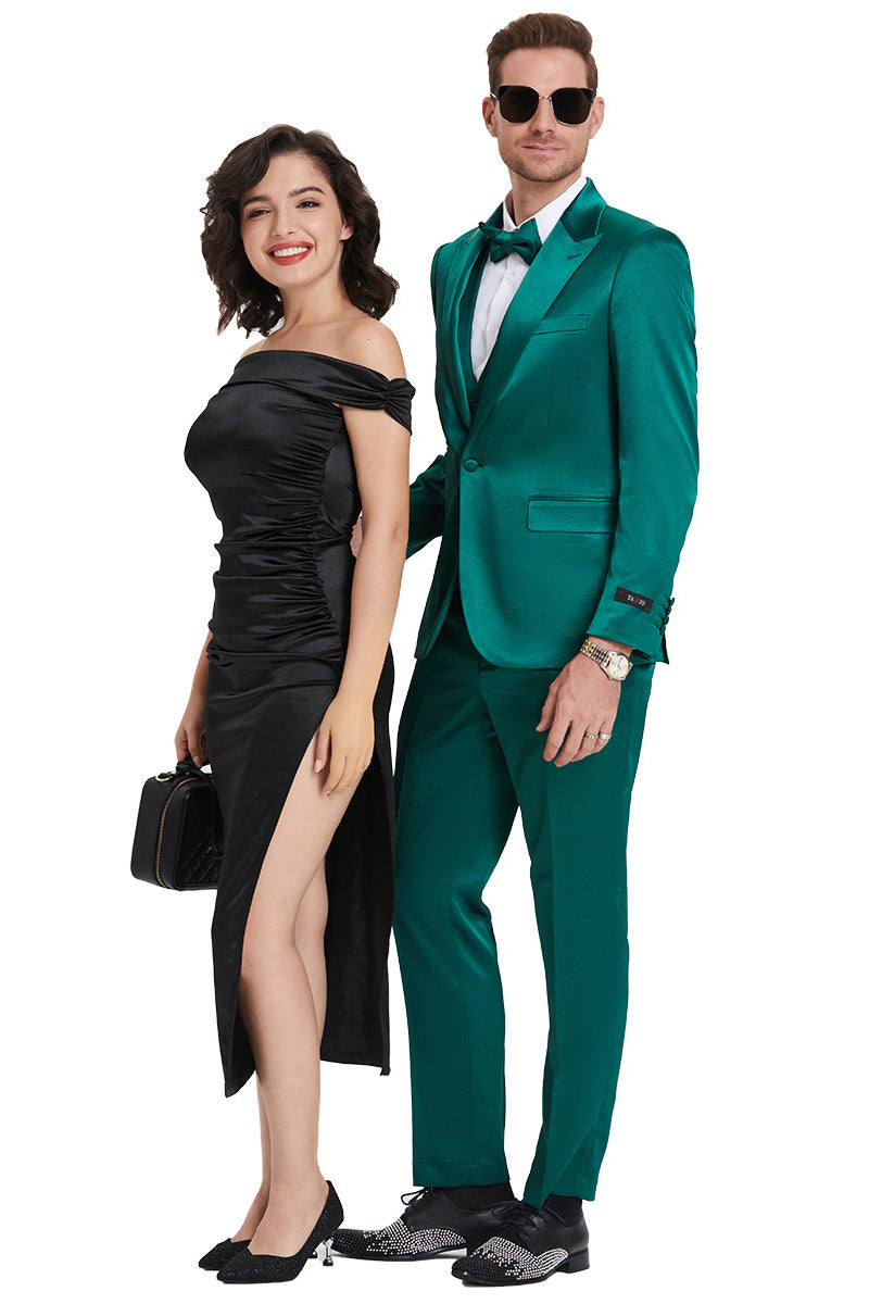 Men's One Button Vested Shiny Satin Sharkskin Prom & Wedding Party Suit in Emerald Green 50 Regular / Green
