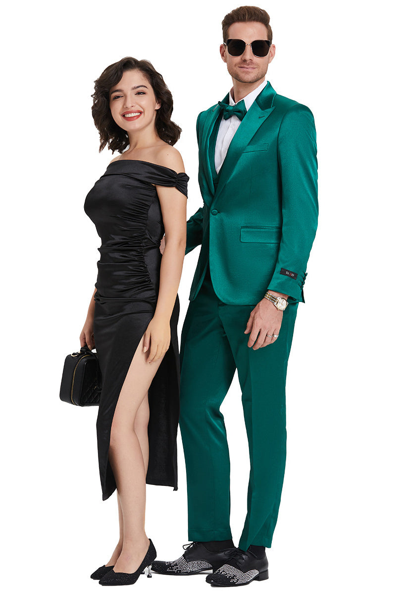 Men's One Button Vested Shiny Satin Sharkskin Prom & Wedding Party Suit in Emerald Green