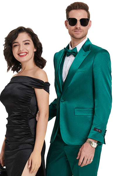 Men's One Button Vested Shiny Satin Sharkskin Prom & Wedding Party Suit in Emerald Green