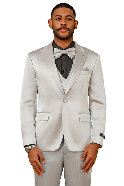 Men's One Button Vested Shiny Satin Sharkskin Prom & Wedding Party Suit in Silver Grey