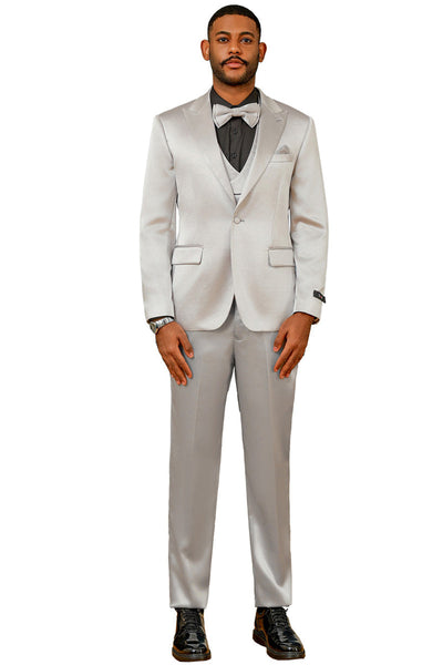 Men's One Button Vested Shiny Satin Sharkskin Prom & Wedding Party Suit in Silver Grey