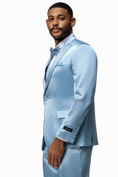 Men's One Button Vested Shiny Satin Sharkskin Prom & Wedding Party Suit in Sky Blue