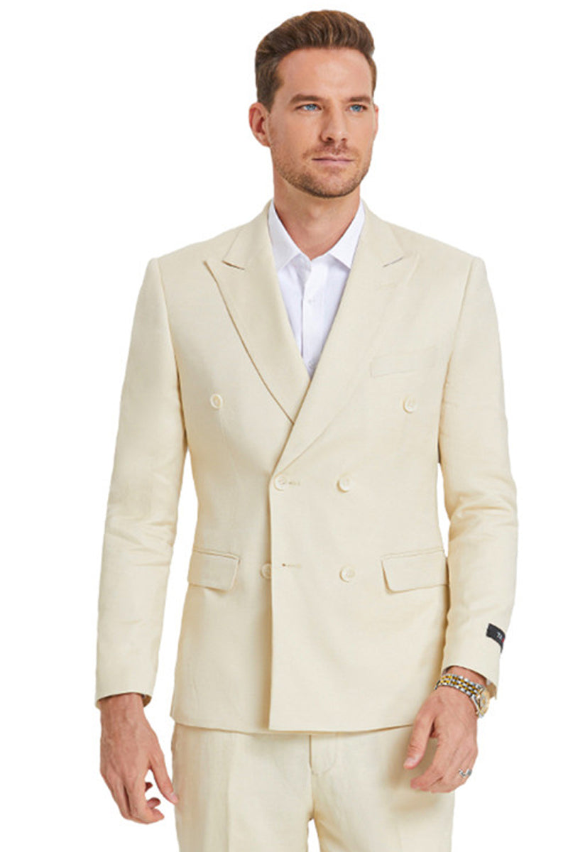 Men's Slim Fit Double Breasted Summer Wedding Suit in Tan