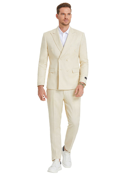 Men's Slim Fit Double Breasted Summer Wedding Suit in Tan