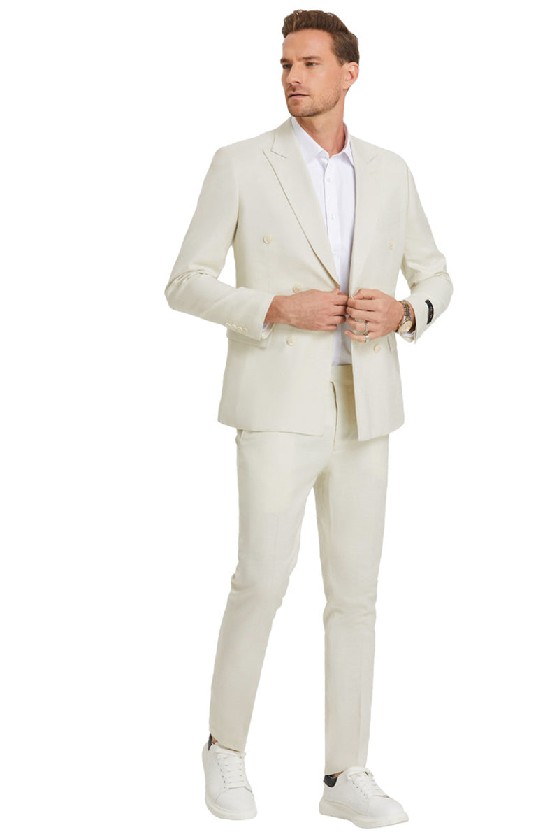 Men's Slim Fit Double Breasted Summer Wedding Suit in Ivory Off White