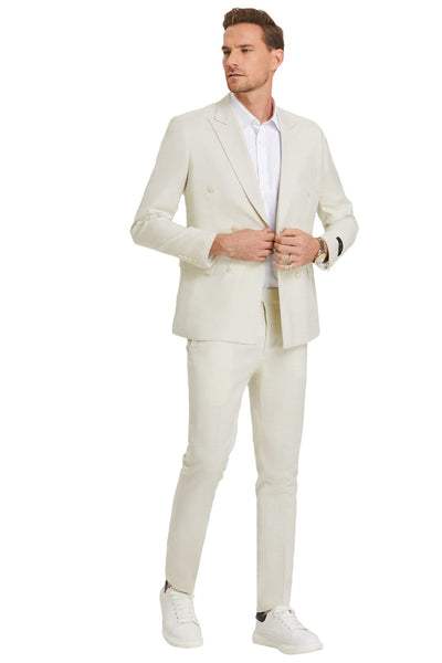 Men's Slim Fit Double Breasted Summer Wedding Suit in Ivory Off White