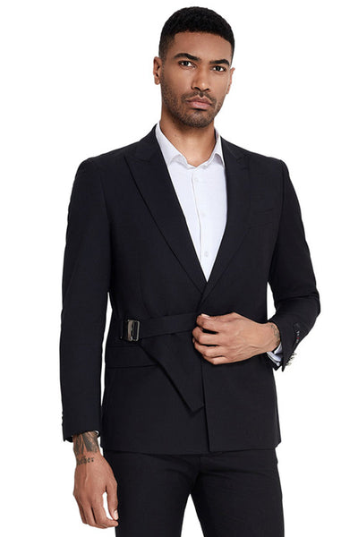 Men's French Front Peak Lapel Strapped Slim Fit Suit in Black