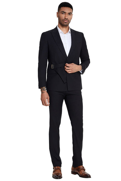 Men's French Front Peak Lapel Strapped Slim Fit Suit in Black
