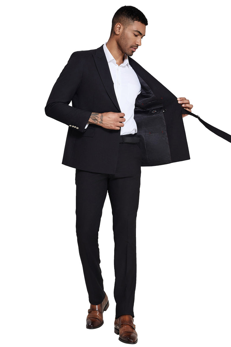 Men's French Front Peak Lapel Strapped Slim Fit Suit in Black