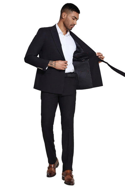 Men's French Front Peak Lapel Strapped Slim Fit Suit in Black