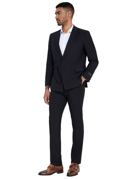 Men's French Front Peak Lapel Strapped Slim Fit Suit in Black