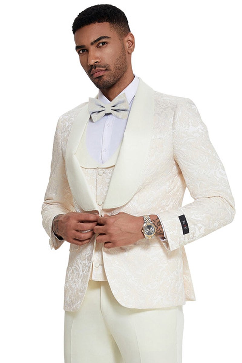 Men's Designer Wedding & Prom Shawl Lapel Vested Paisley Tuxedo in Ivory