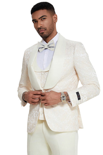 Men's Designer Wedding & Prom Shawl Lapel Vested Paisley Tuxedo in Ivory