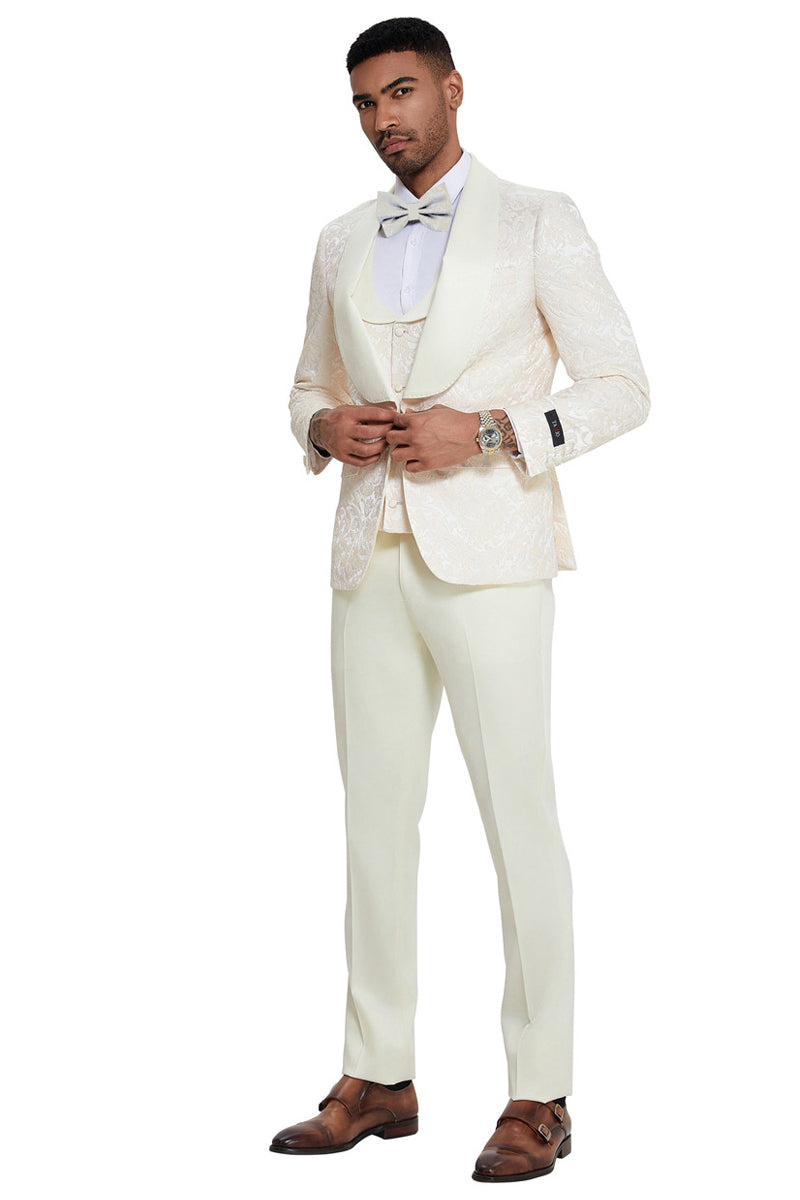Men's Designer Wedding & Prom Shawl Lapel Vested Paisley Tuxedo in Ivory