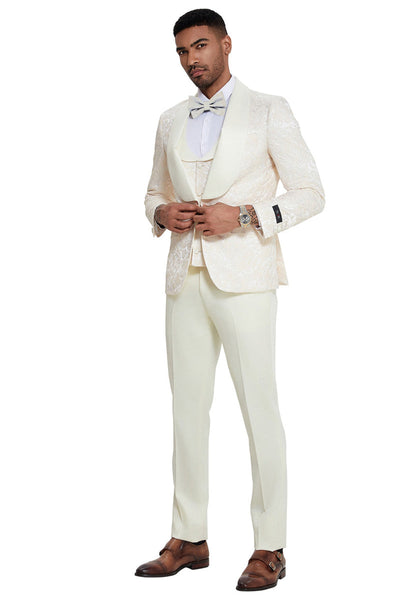 Men's Designer Wedding & Prom Shawl Lapel Vested Paisley Tuxedo in Ivory
