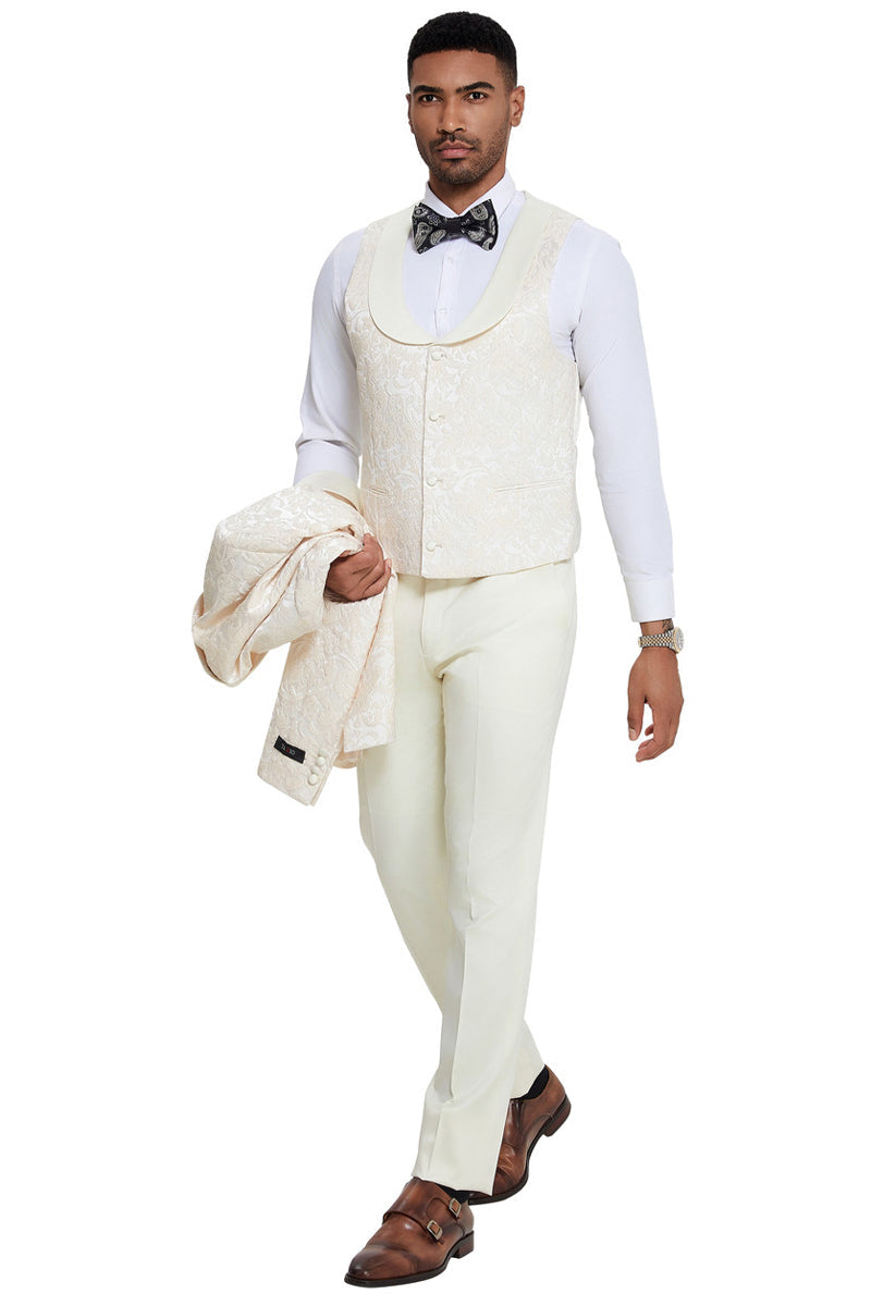 Men's Designer Wedding & Prom Shawl Lapel Vested Paisley Tuxedo in Ivory