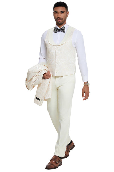 Men's Designer Wedding & Prom Shawl Lapel Vested Paisley Tuxedo in Ivory
