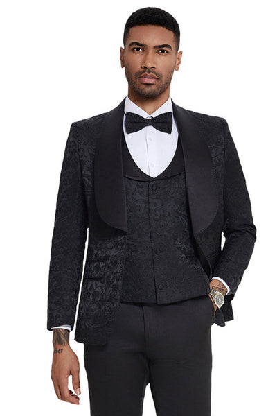 Men's Designer Wedding & Prom Shawl Lapel Vested Paisley Tuxedo in Black