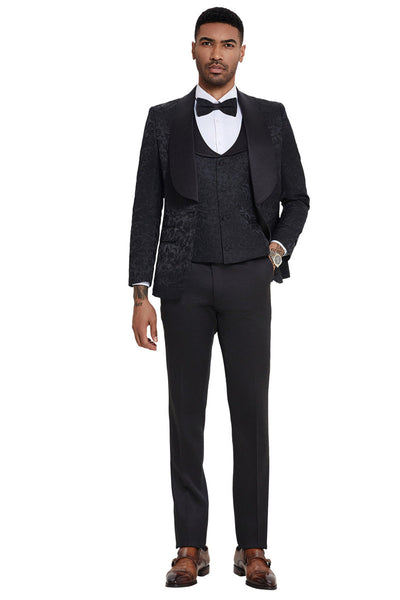 Men's Designer Wedding & Prom Shawl Lapel Vested Paisley Tuxedo in Black