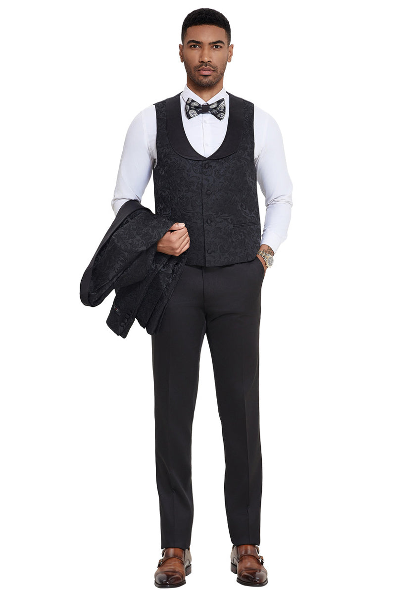Men's Designer Wedding & Prom Shawl Lapel Vested Paisley Tuxedo in Black