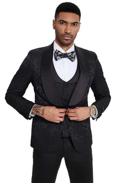 Men's Designer Wedding & Prom Shawl Lapel Vested Paisley Tuxedo in Black