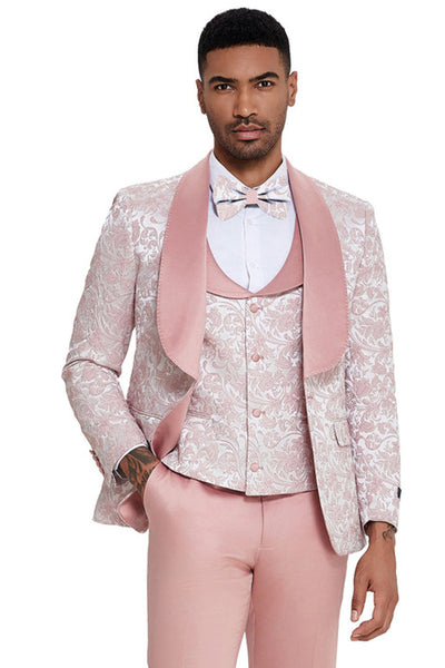 Men's Designer Wedding & Prom Shawl Lapel Vested Paisley Tuxedo in Pink