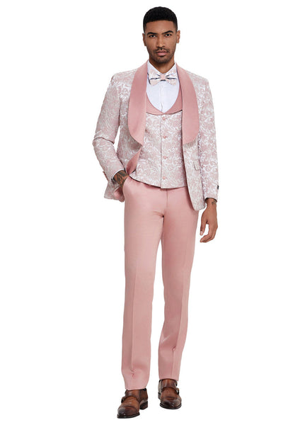Men's Designer Wedding & Prom Shawl Lapel Vested Paisley Tuxedo in Pink