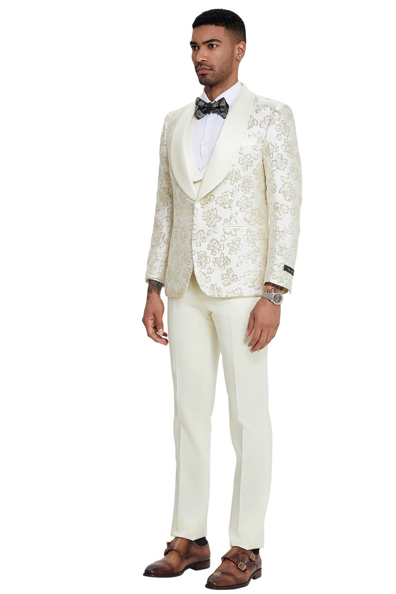 Men's Slim Fit Vested Wedding & Prom Shawl Lapel Paisley Tuxedo in Ivory & Gold