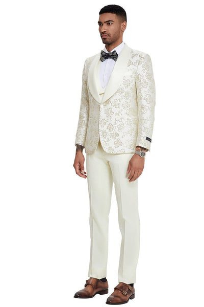 Men's Slim Fit Vested Wedding & Prom Shawl Lapel Paisley Tuxedo in Ivory & Gold