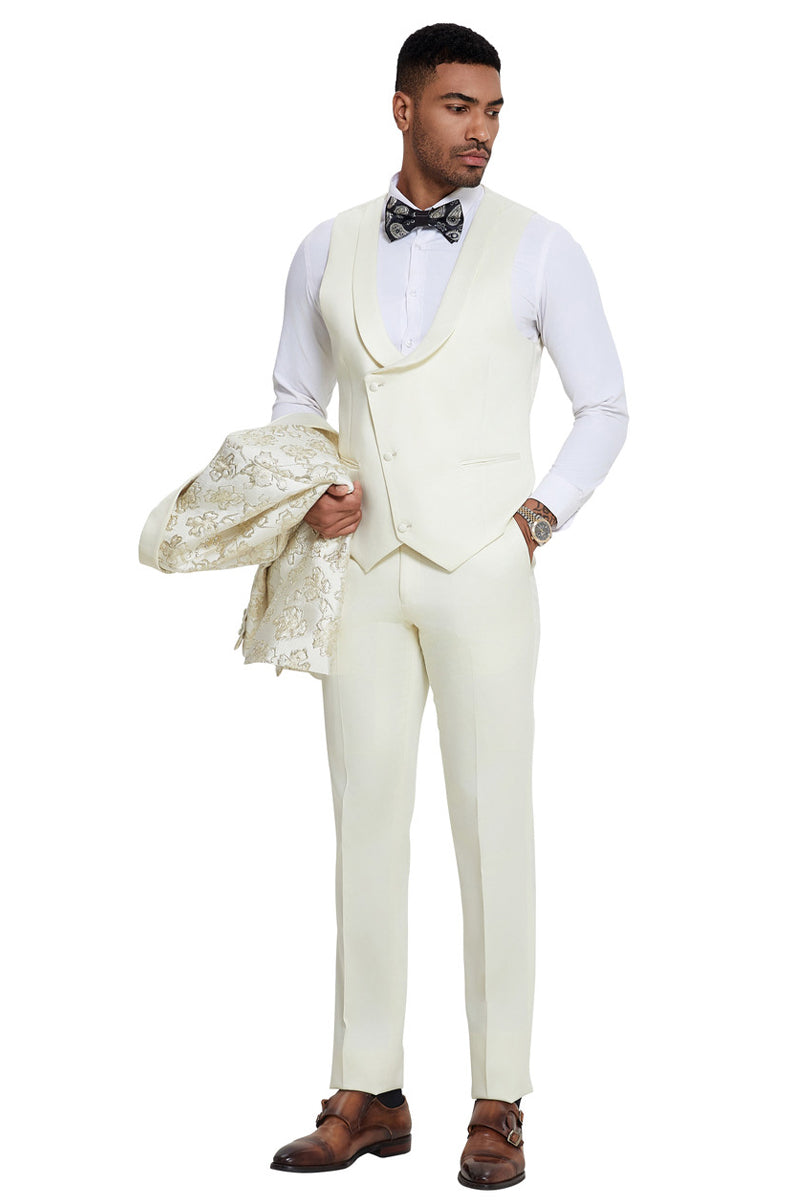 Men's Slim Fit Vested Wedding & Prom Shawl Lapel Paisley Tuxedo in Ivory & Gold