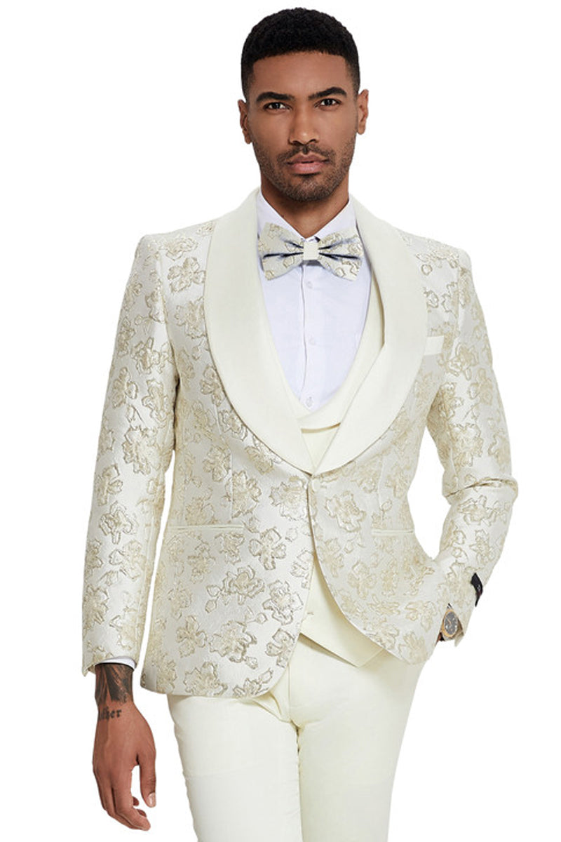 Men's Slim Fit Vested Wedding & Prom Shawl Lapel Paisley Tuxedo in Ivory & Gold