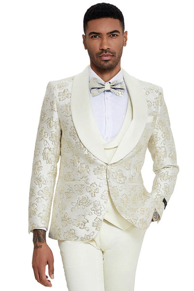 Men's Slim Fit Vested Wedding & Prom Shawl Lapel Paisley Tuxedo in Ivory & Gold
