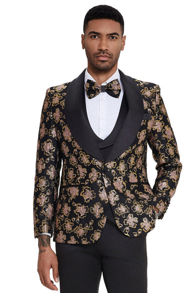 Men's Slim Fit Vested Wedding & Prom Shawl Lapel Paisley Tuxedo in Black & Red