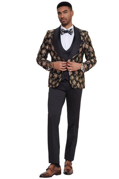 Men's Slim Fit Vested Wedding & Prom Shawl Lapel Paisley Tuxedo in Black & Red