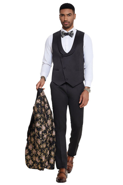 Men's Slim Fit Vested Wedding & Prom Shawl Lapel Paisley Tuxedo in Black & Red
