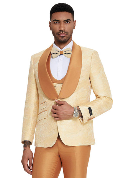 Men's Slim Fit Vested Wedding & Prom Shawl Lapel Paisley Tuxedo in Gold
