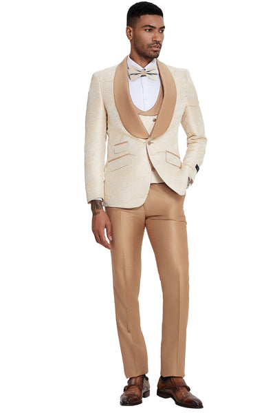 Men's Slim Fit Vested Wedding & Prom Shawl Lapel Paisley Tuxedo in Gold